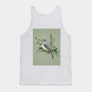 Grey Bird on Branch olive green background Tank Top